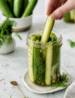 A hand pulling a dill pickle spear from a jar