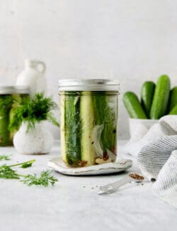 A jar of refrigerator dill pickles