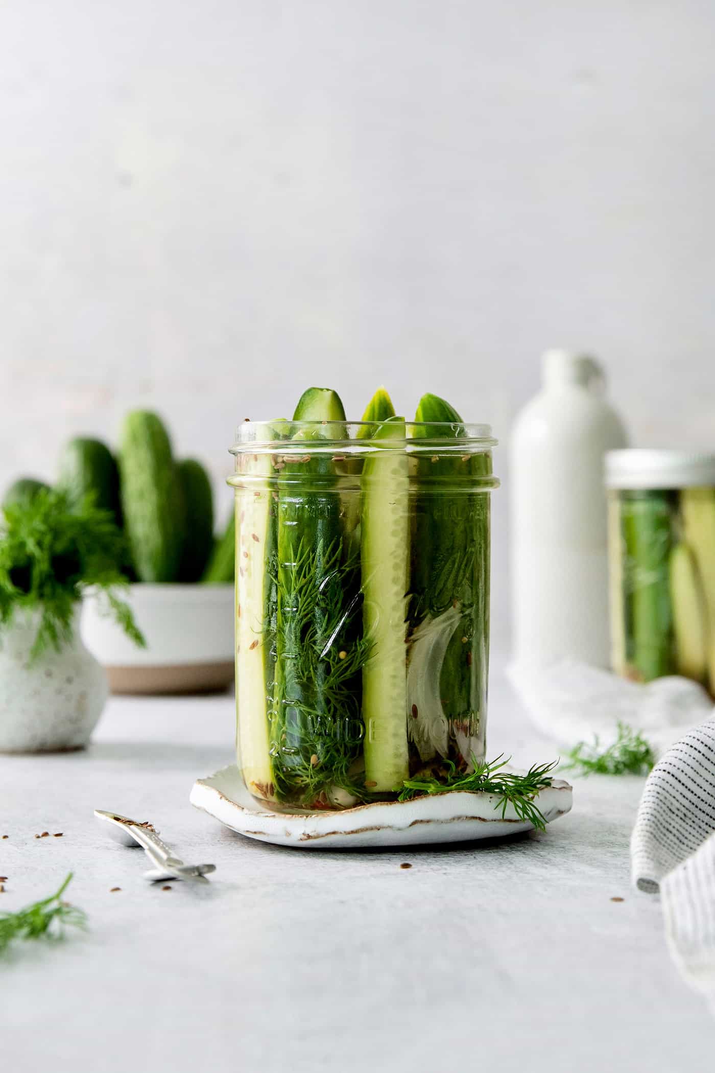 A jar of quick dill pickles