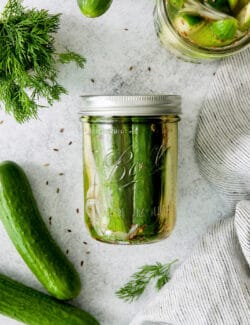 Overhead view of a jar of quick refrigerator pickles