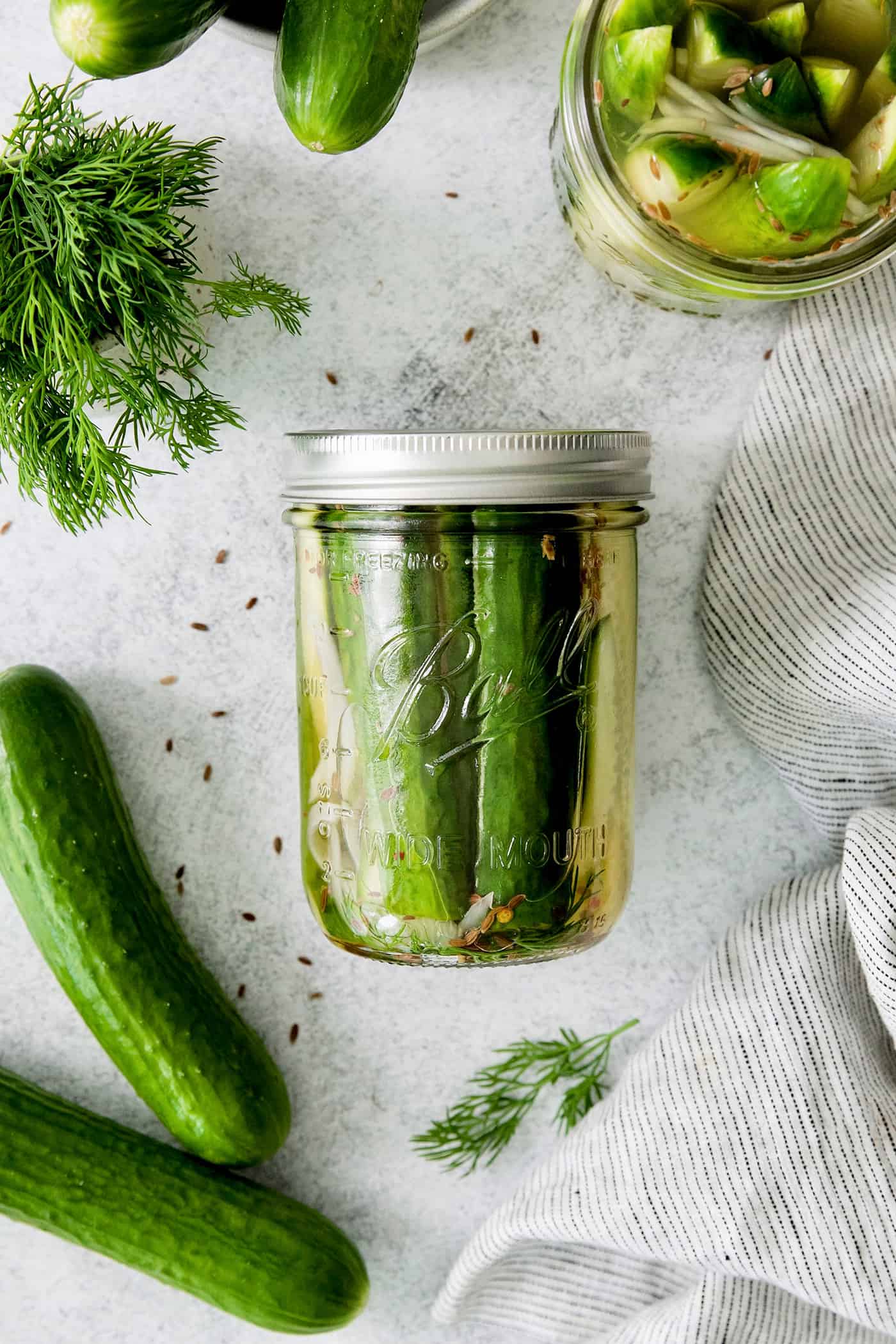 Overhead view of a jar of quick refrigerator pickles