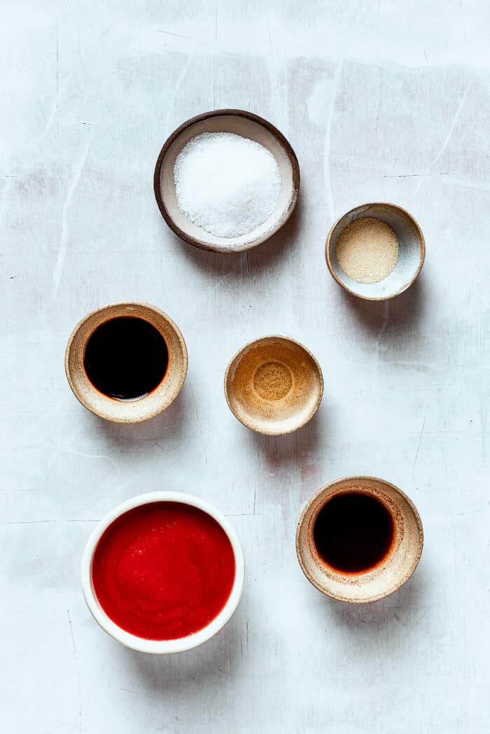 Ingredients for tonkatsu sauce - soy sauce, sugar, Worcestershire sauce.