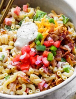 Close up of bacon ranch pasta salad.