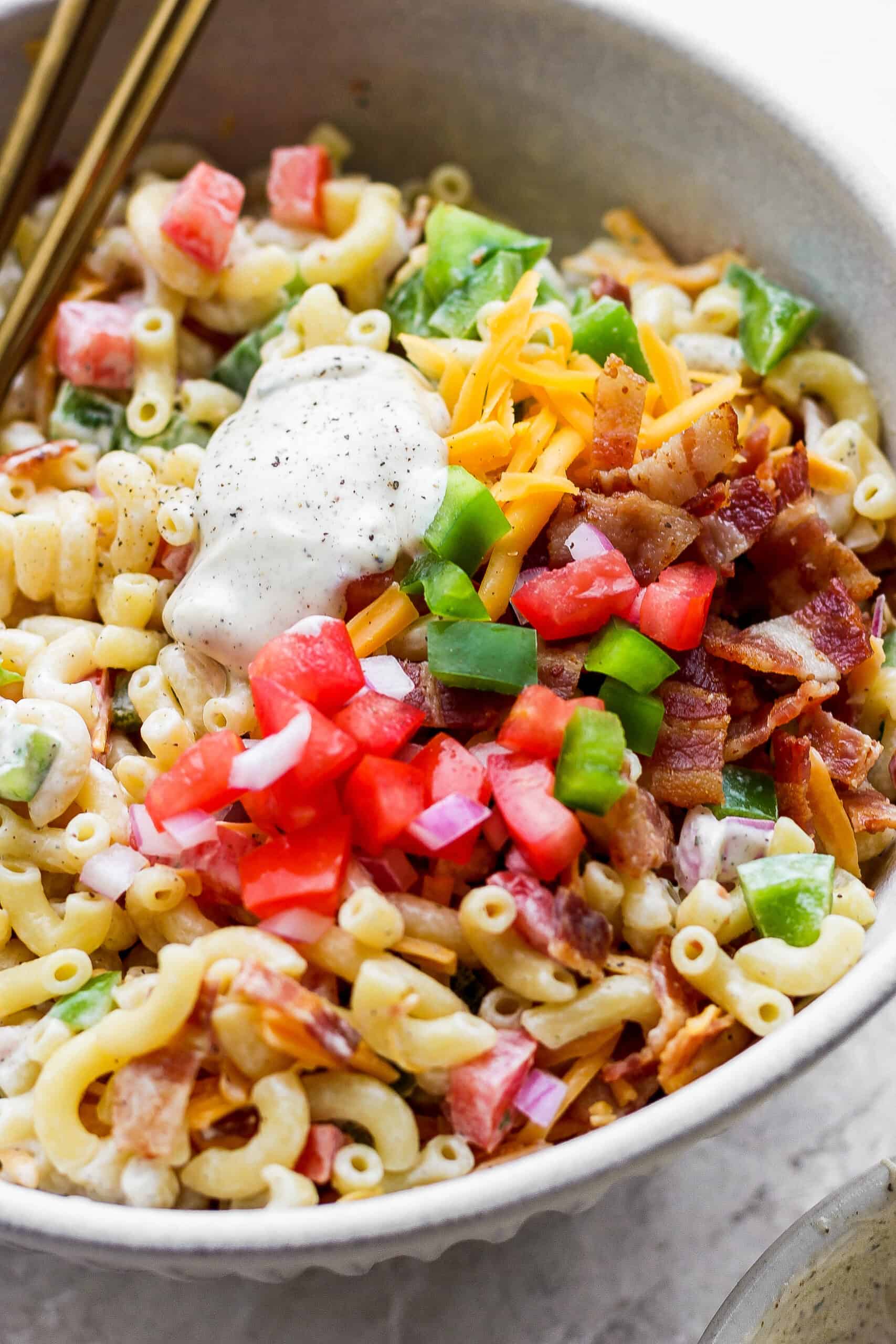 Close up of bacon ranch pasta salad.