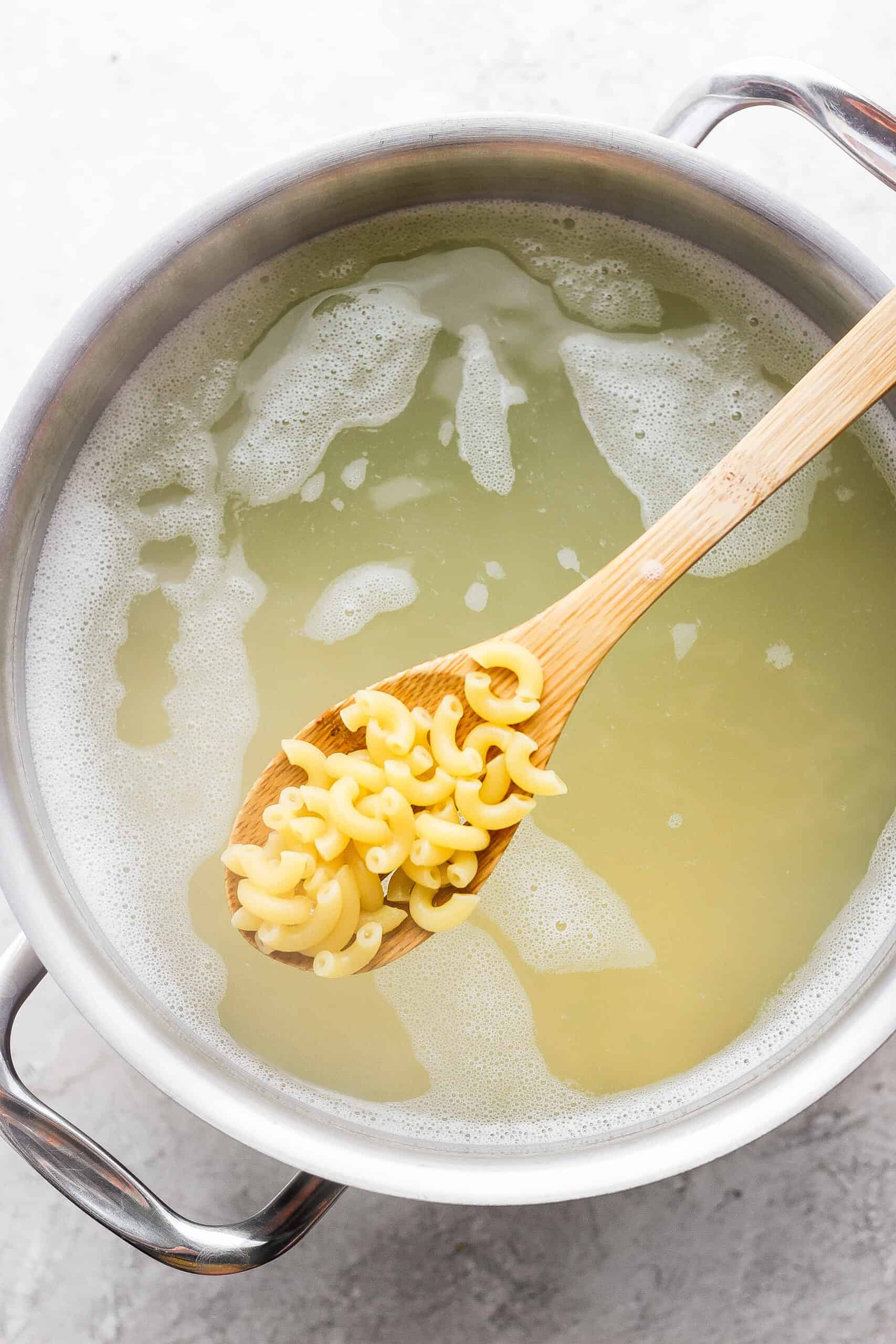 A spoon shows macaroni above a pot of water.