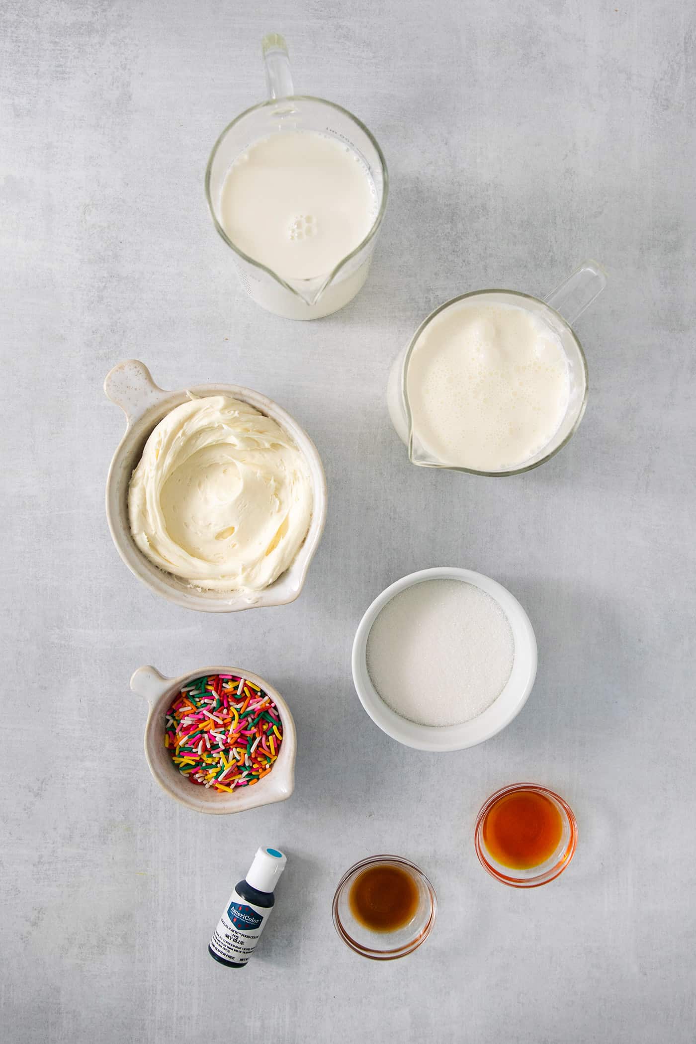Ingredients for birthday cake ice cream: cream, sugar, flavoring, sprinkles, frosting, vanilla, and food coloring.