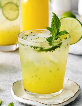 A bootleg cocktail in a glass with mint and lime circles with fruit juice in the background.