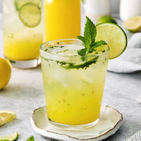 A bootleg cocktail in a glass with mint and lime circles with fruit juice in the background.