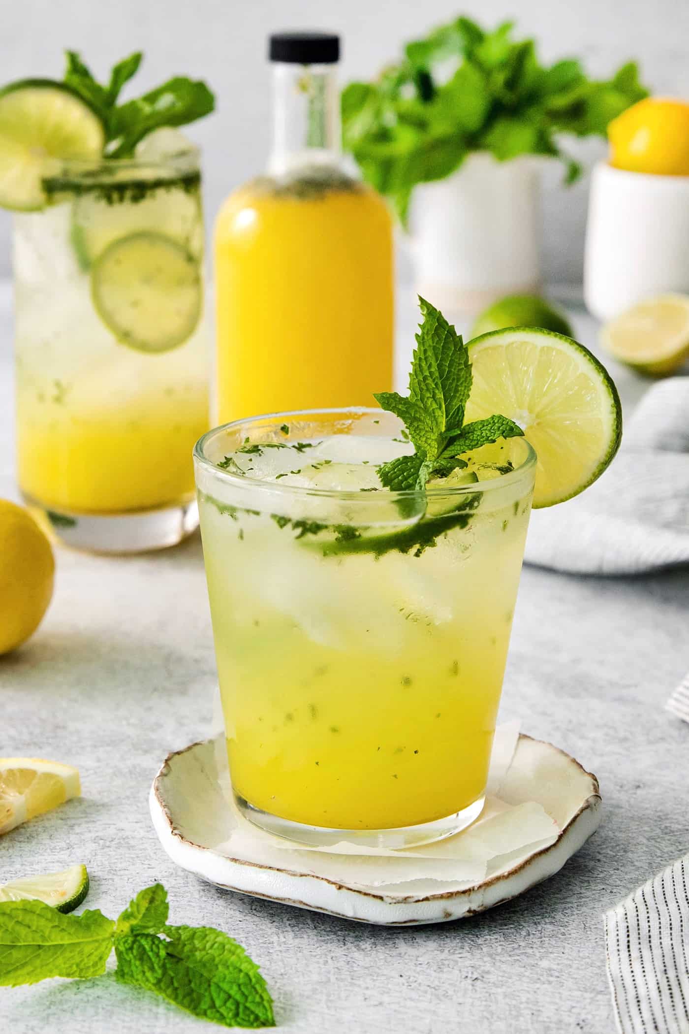 A bootleg cocktail in a glass with mint and lime circles with fruit juice in the background.