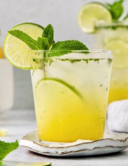 A close up of a bootleg cocktail in a glass garnished with mint leaves and lime.