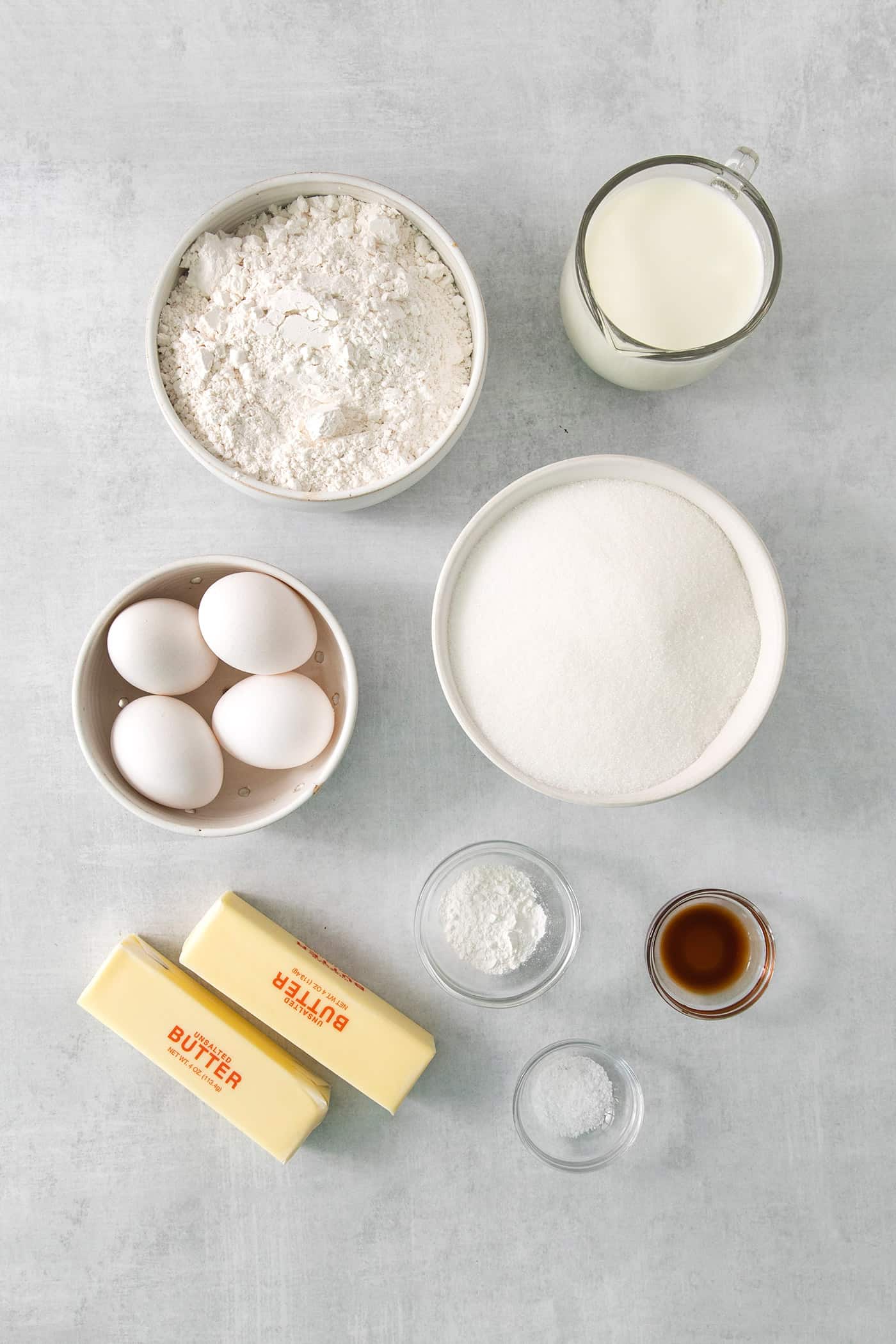 Ingredients for Chantilly cake: cake flour, baking powder, eggs, milk, vanilla, sugar, salt.