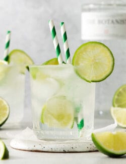 Glasses of gin and tonic with and lime circles and wedges.