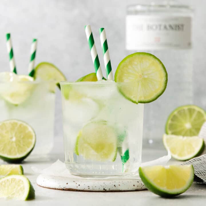 Glasses of gin and tonic with and lime circles and wedges.
