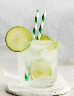A glass of gin and tonic with two straws and lime circles.