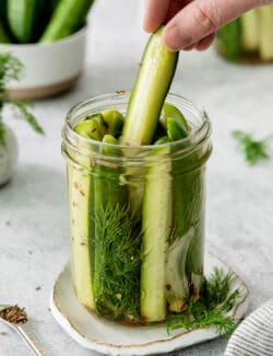 a jar of pickle spears, with a hand pulling out a single spear