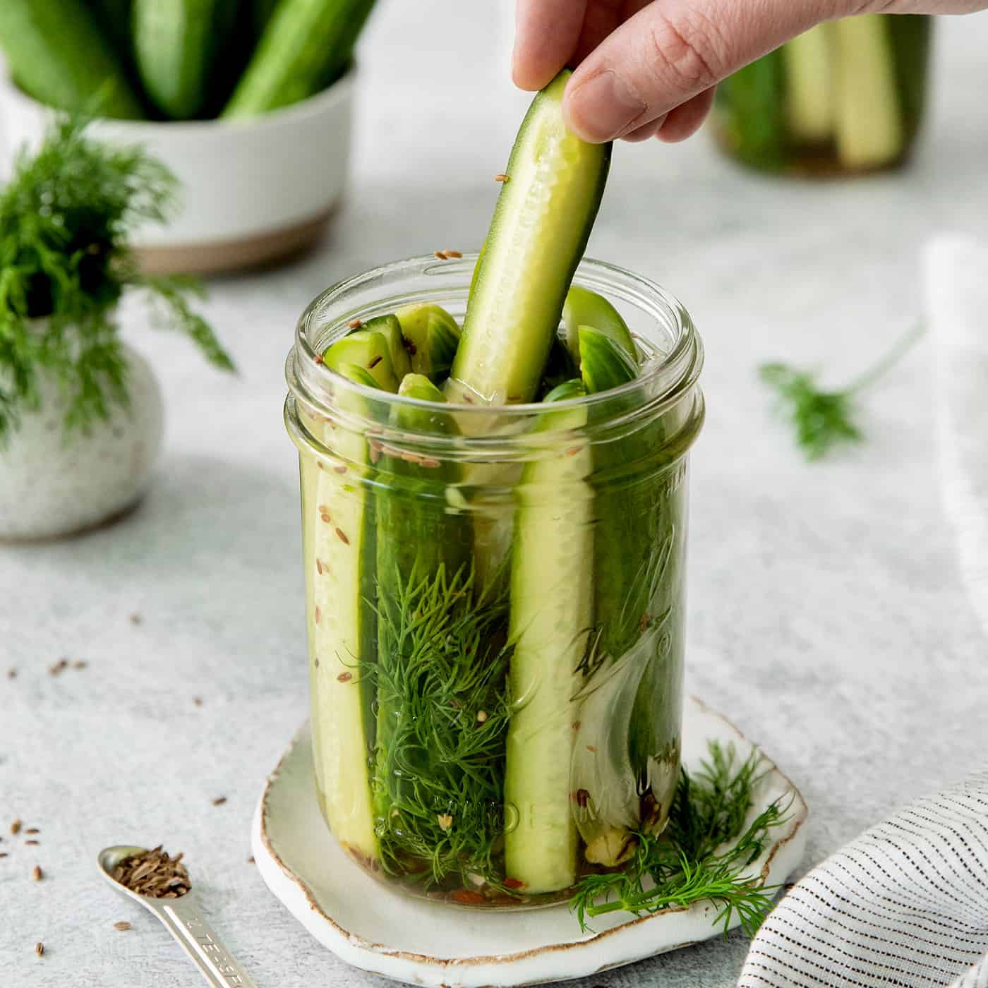 a jar of pickle spears, with a hand pulling out a single spear