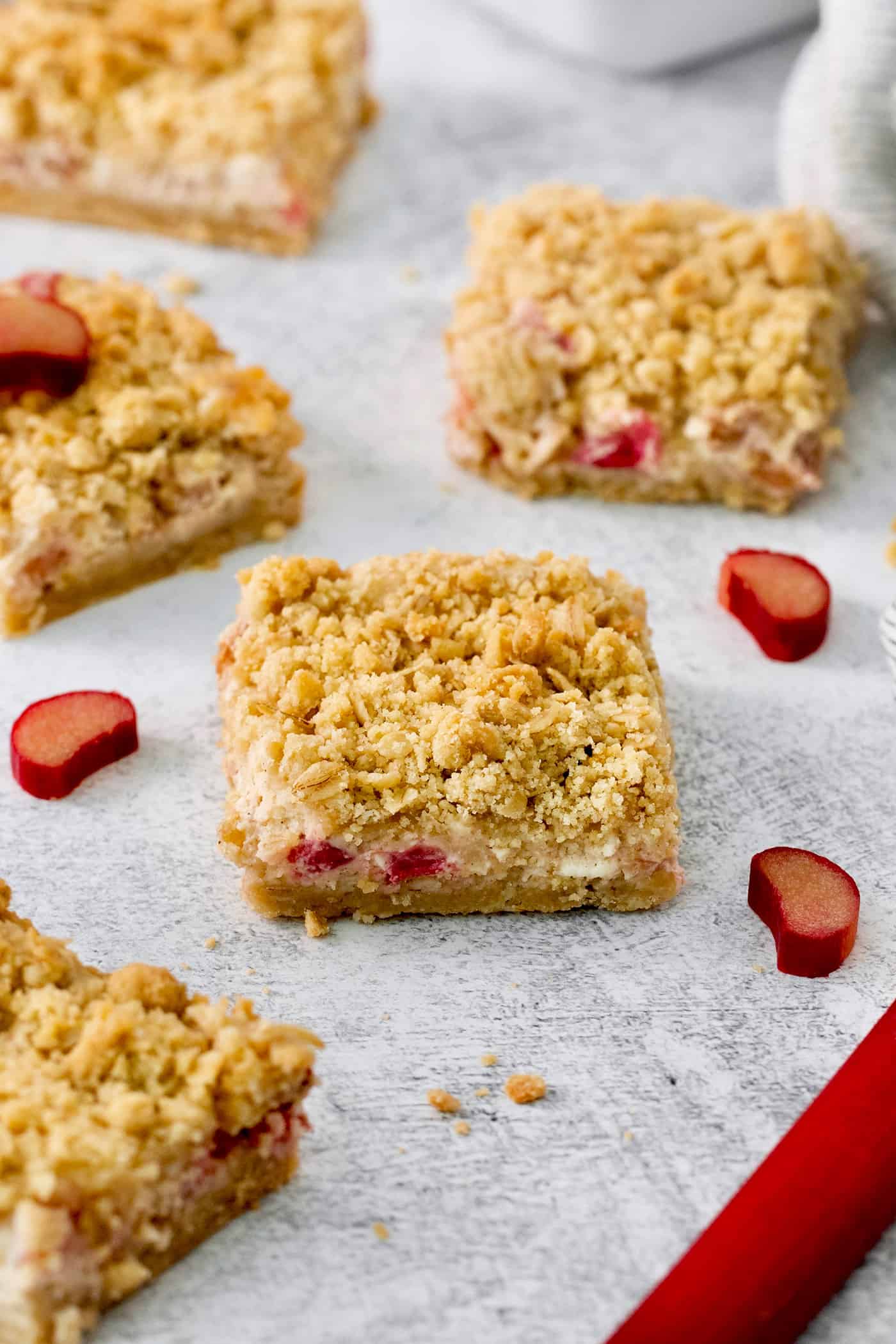 A tray of individual rhubarb bars.