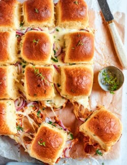 An overhead shot of BBQ chicken sliders.