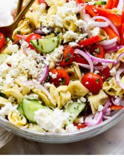Pinterest image for Greek tortellini salad