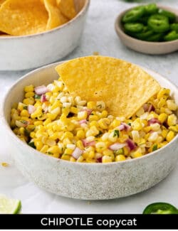 Pinterest image for roasted chili corn salsa, a Chipotle restaurant copycat recipe