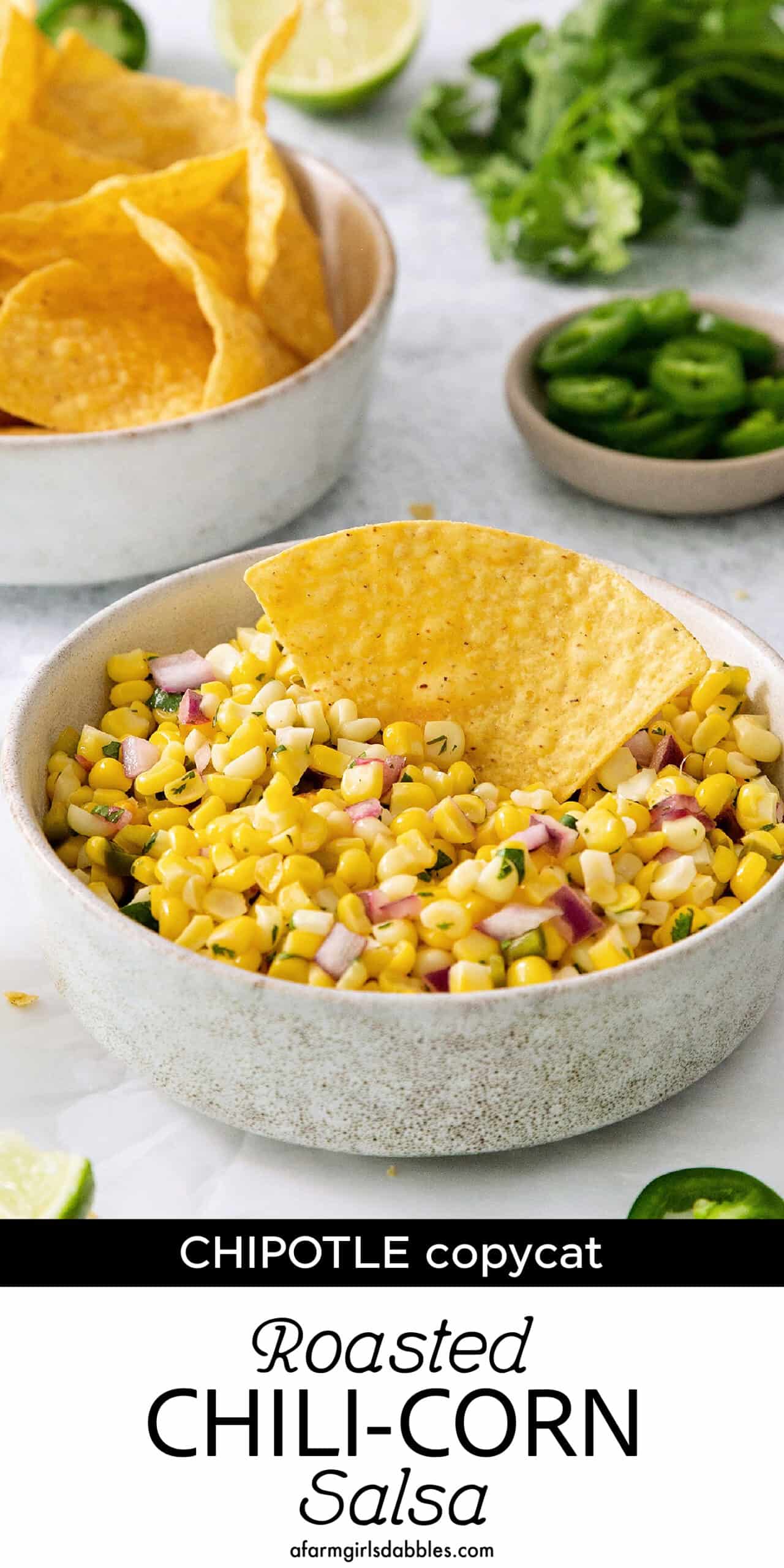 Pinterest image for roasted chili corn salsa, a Chipotle restaurant copycat recipe