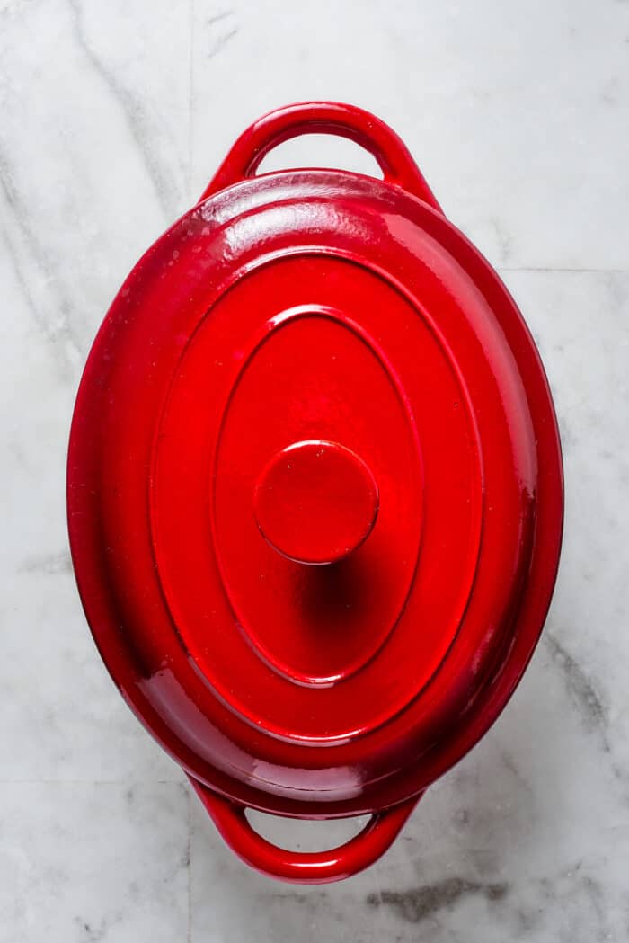 A red Dutch oven is shown with the lid on.