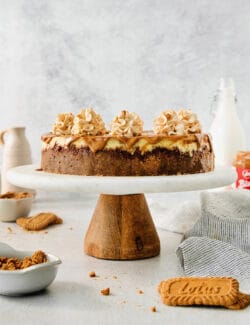 A biscoff cheesecake topped with butterscotch whipped cream is shown on a cake stand.