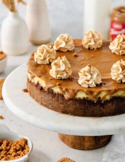 A biscoff cheesecake topped with butterscotch whipped cream is shown on a cake stand.