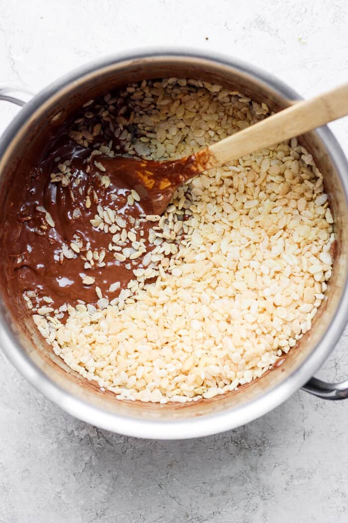 Rice krispies are added to the melted mixture.