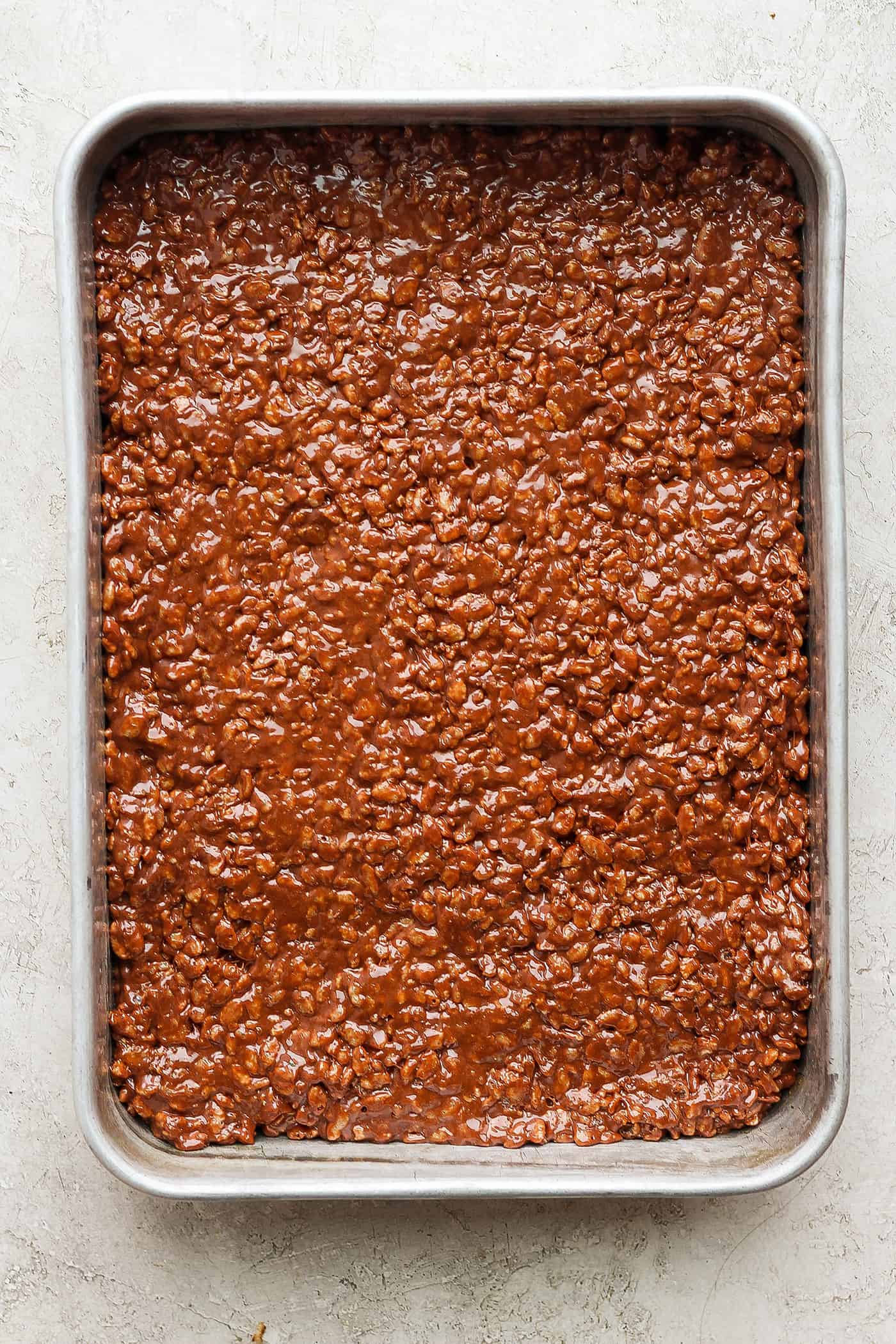 A pan of chocolate rice krispie treats.