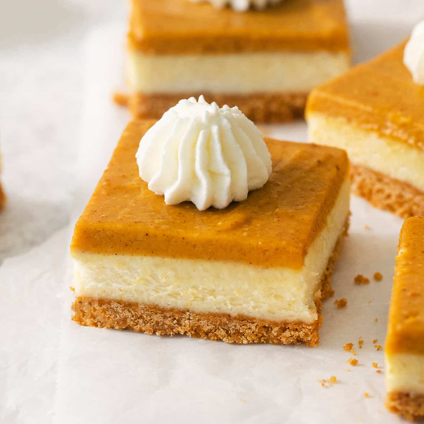 A close up of a square of pumpkin cheesecake bars.
