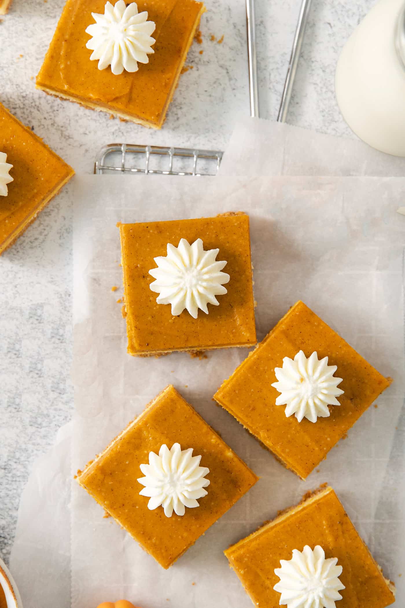 A top down shot of pumpkin cheesecake bars on a white background.