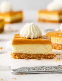 Pumpkin cheesecake bars are shown on a white backgrounf.