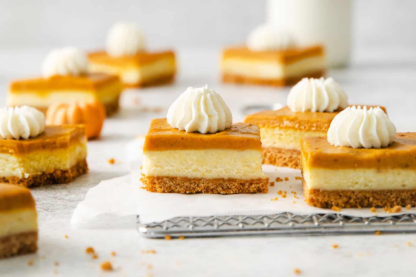 Pumpkin cheesecake bars are shown on a white backgrounf.