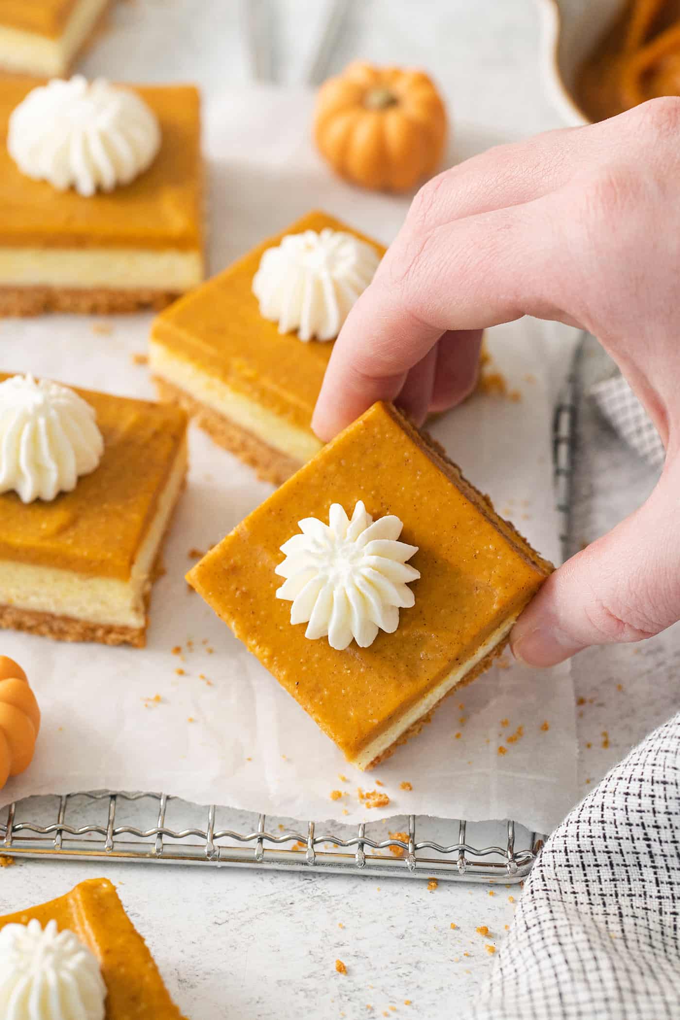 A hand lifts a pumpkin cheesecake bar.