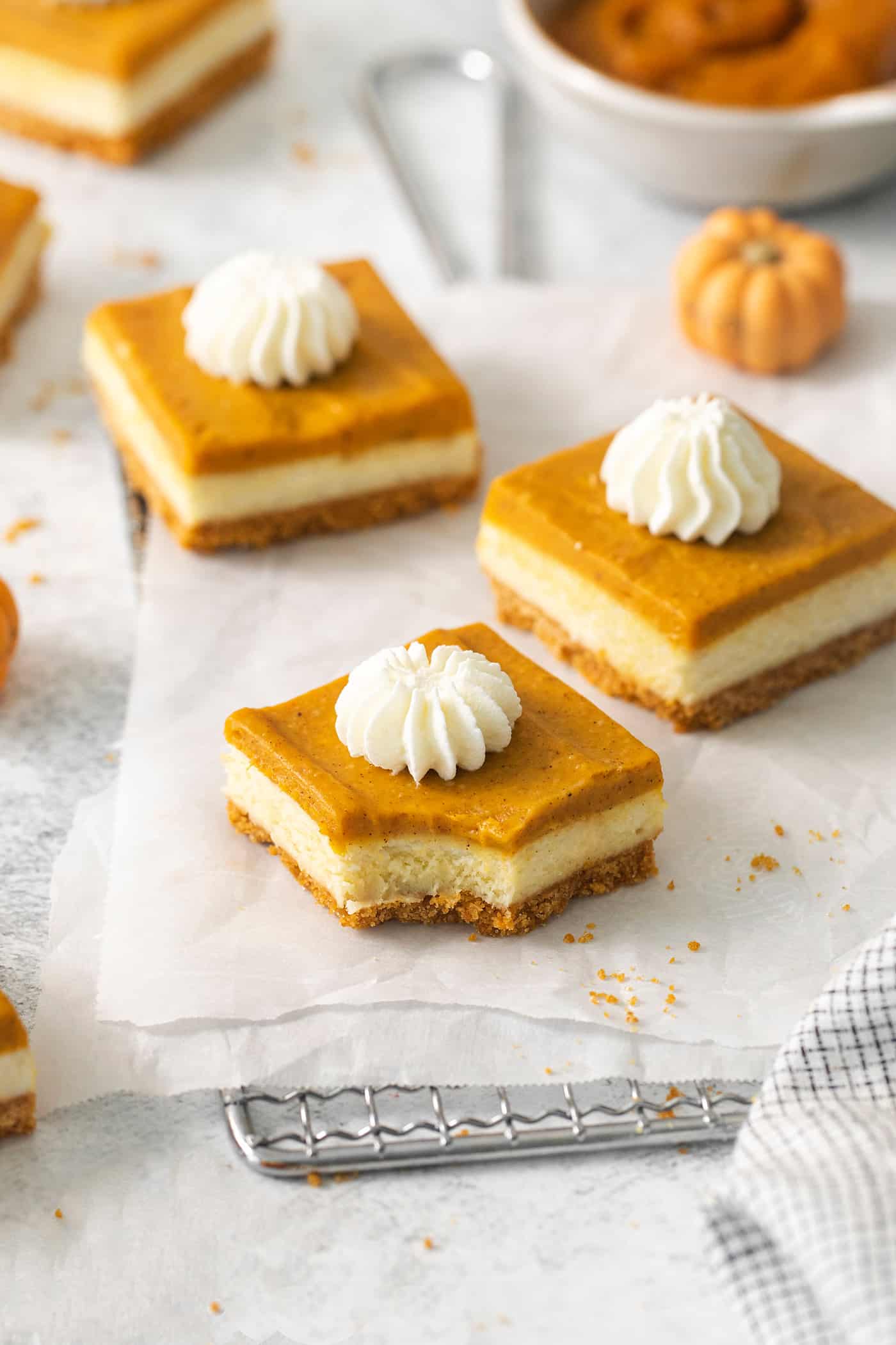 Pumpkin cheesecake bars are shown on a white backgrounf.