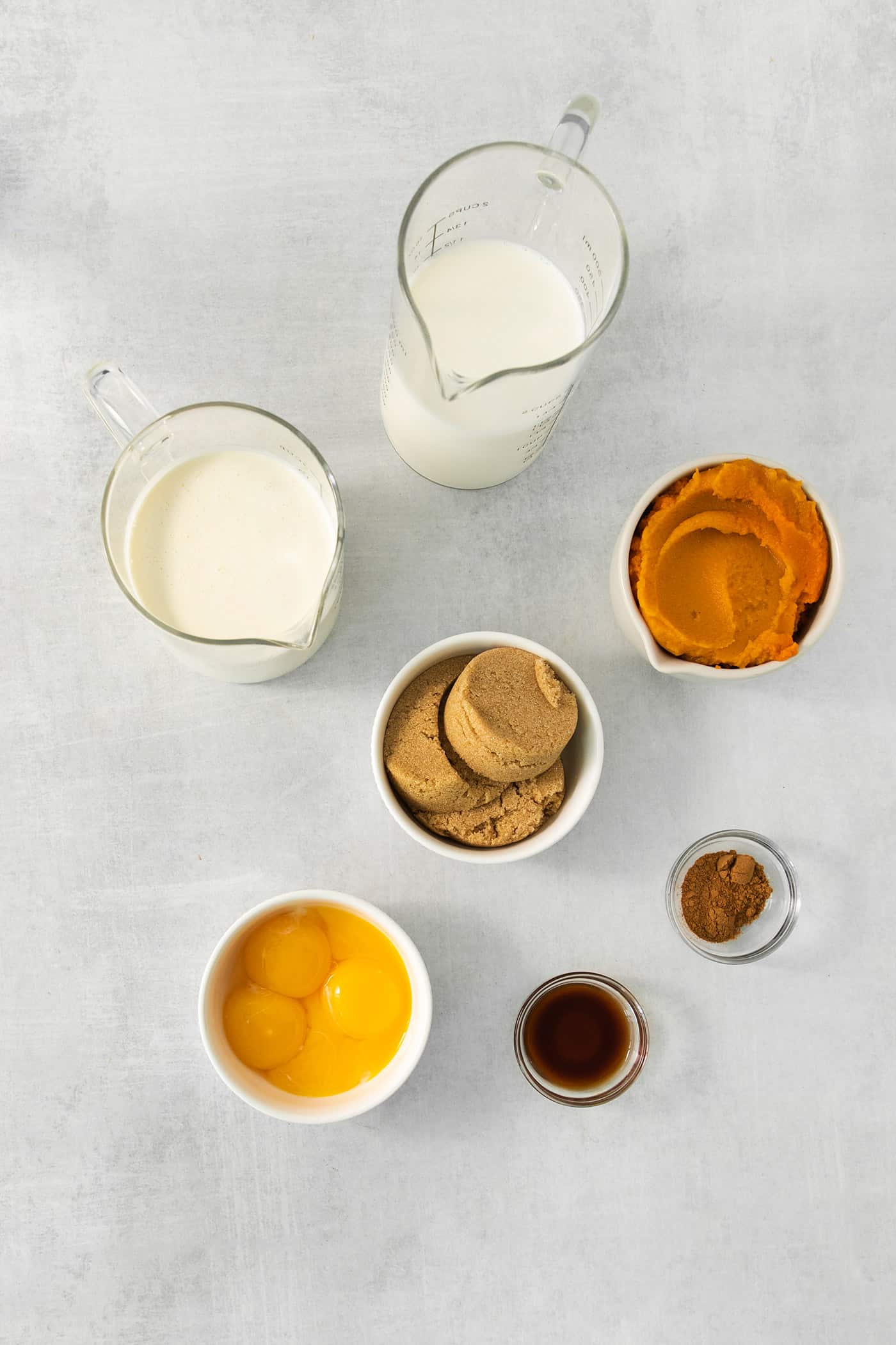 The ingredients for pumpkin ice cream are shown in bowls and pitchers on a white background including milk, cream, pumpkin puree, brown sugar, egg yolks, maple syrup, and pumpkin pie spice.