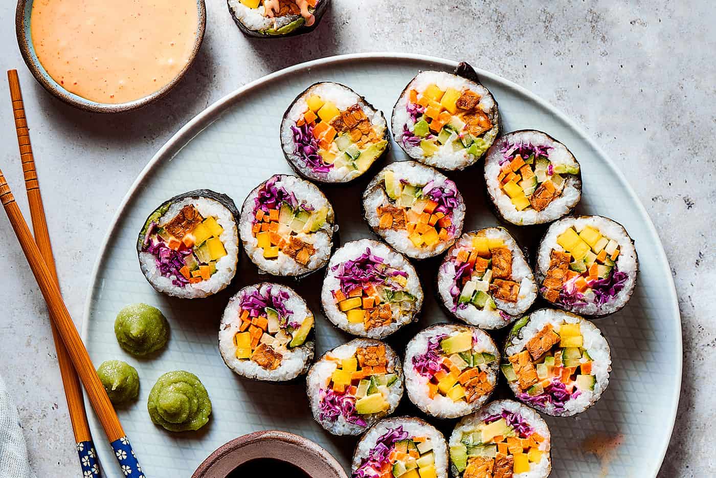 a platter of vegan sushi