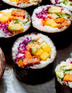 close-up photo of sushi rolls made with vegan ingredients