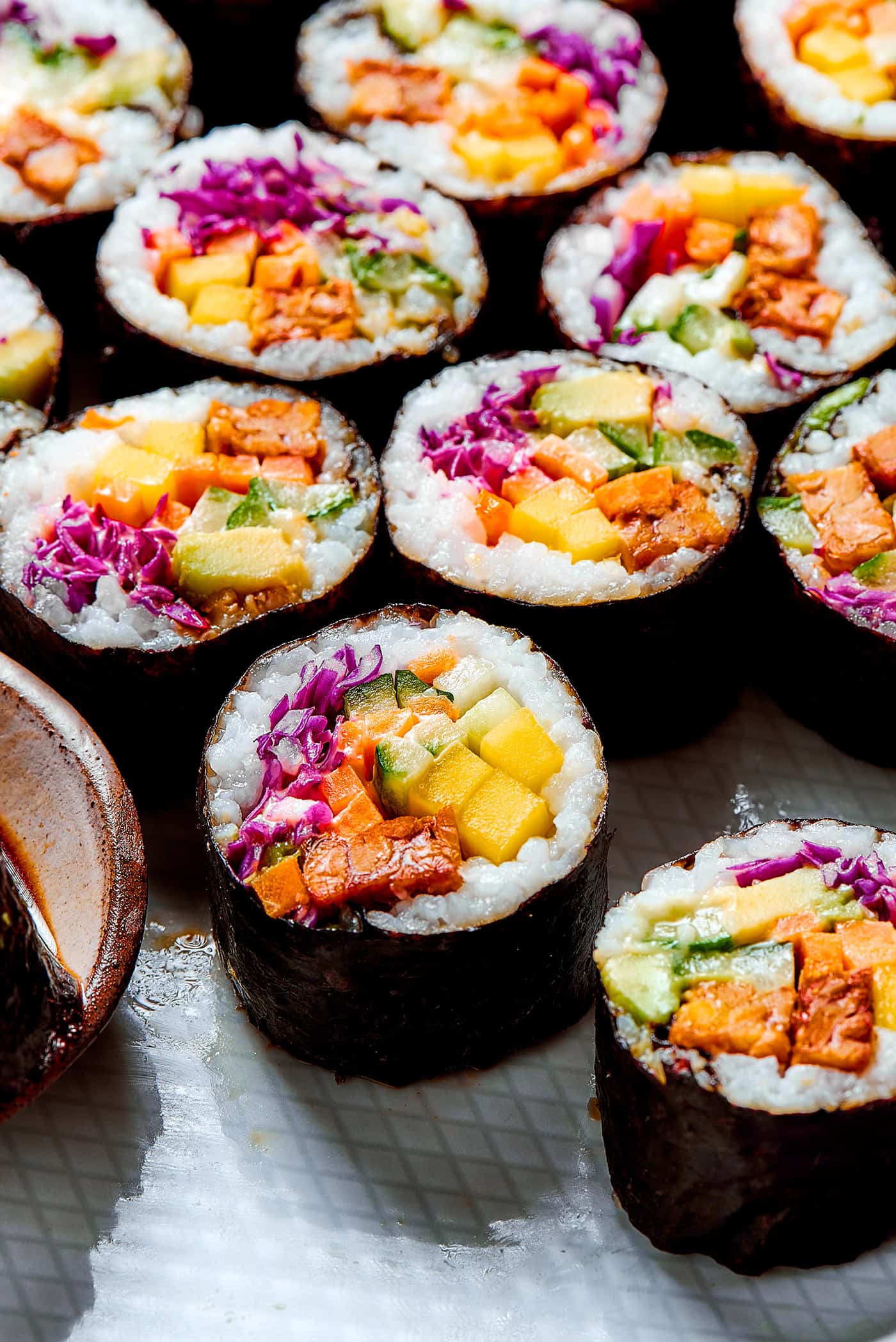 vegan sushi rolls on a platter