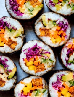 overhead photo of sushi rolls