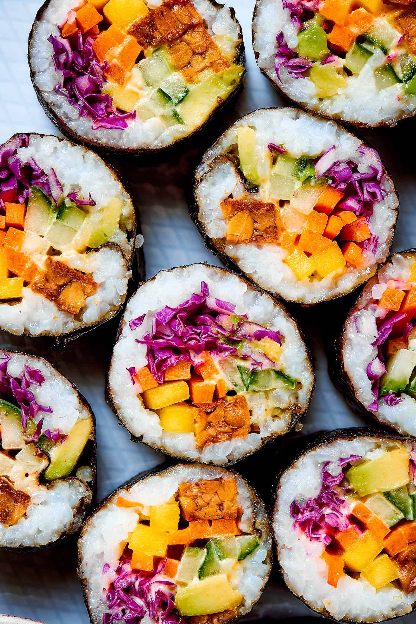 overhead photo of sushi rolls