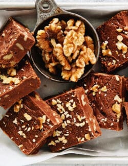 A tray of Fantasy Fudge is shown with walnuts above it.