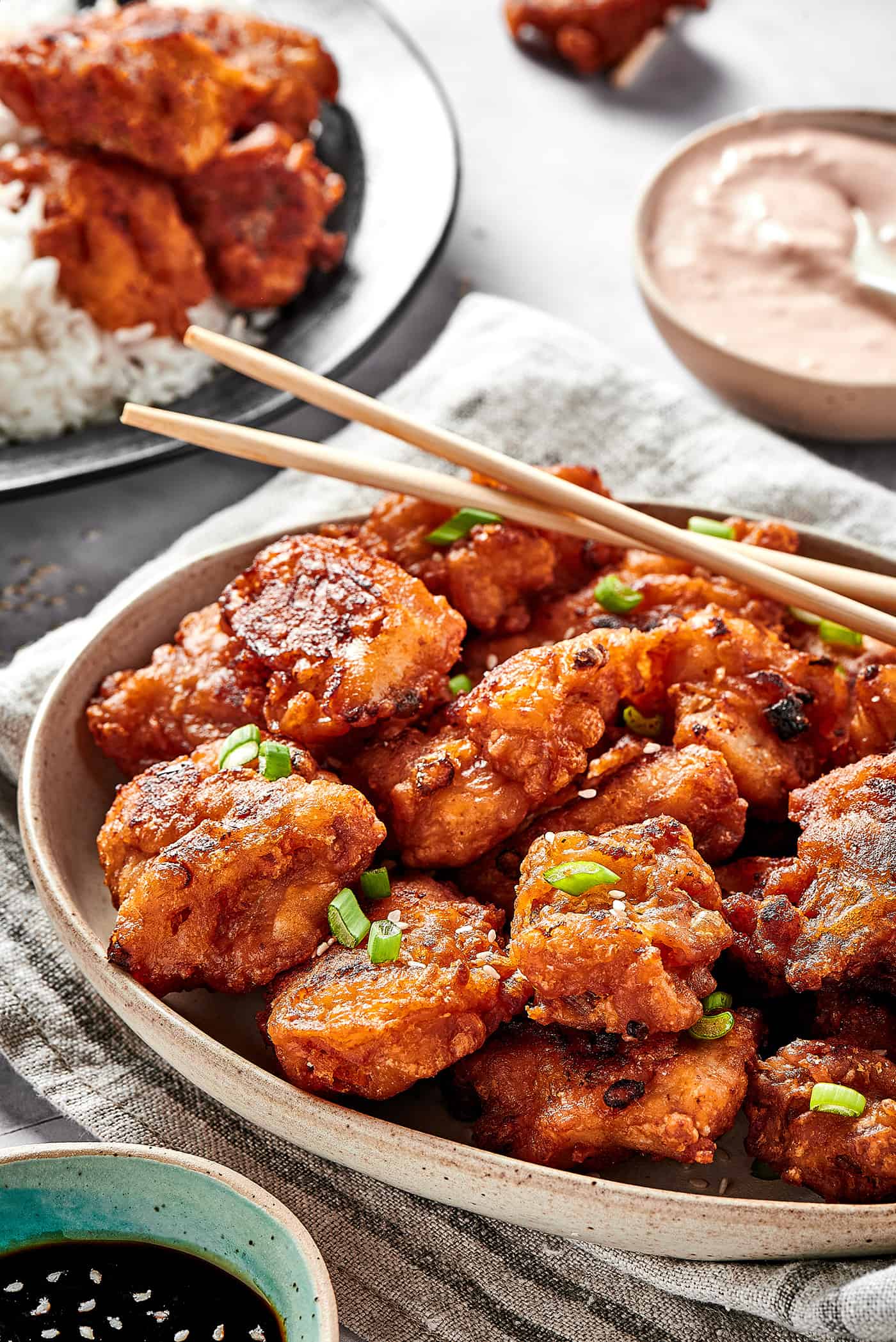 mochiko chicken on a stoneware platter