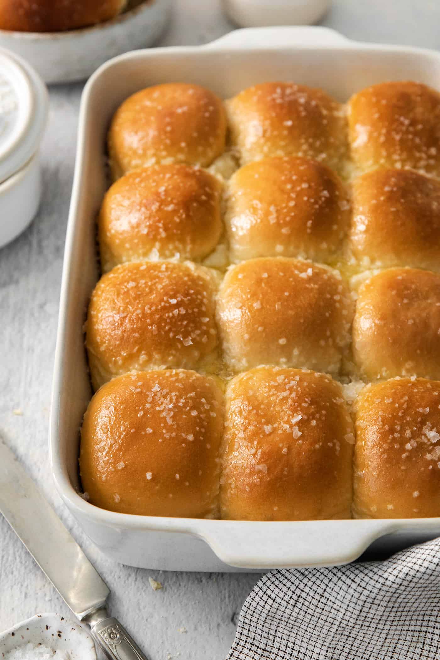 A pan of baked rhodes rolls.