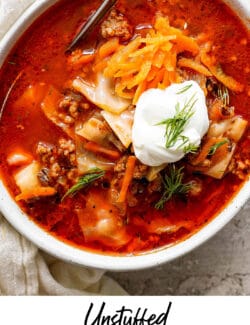 Pinterest image for soup with flavors of cabbage rolls