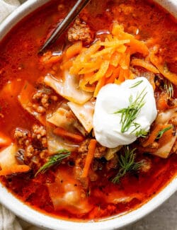 Pinterest image for unstuffed cabbage roll soup