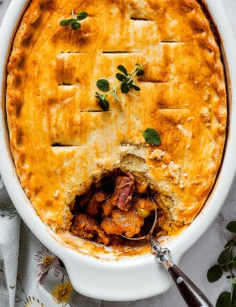 Overhead photos of an oval casserole dish of beef pot pie