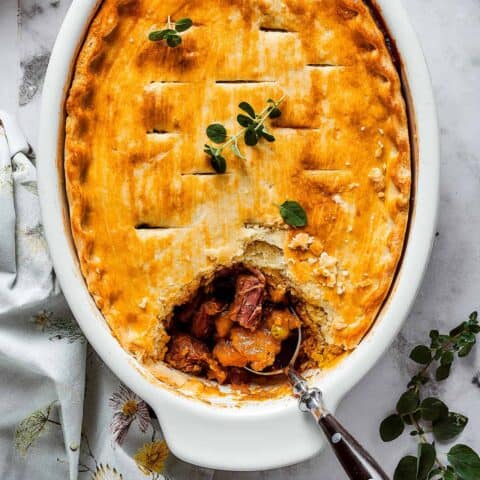 Overhead photos of an oval casserole dish of beef pot pie