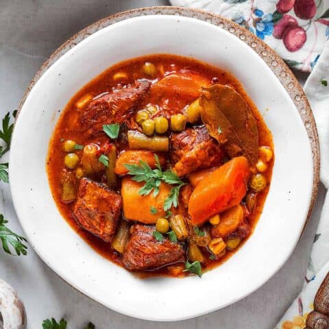 mulligan stew in a white bowl